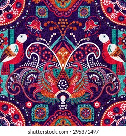 Bright purple seamless pattern with birds and exotic flowers. Design for fabrics, for wrapping paper, wallpaper, handkerchiefs