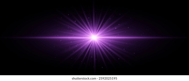 Bright purple star with horizontal rays on black background. Abstract light effect with glowing dust. Vector illustration. EPS 10