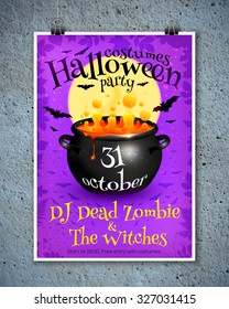 Bright purple vector Halloween party poster template with orange witches brew in cauldron, moon and bats
