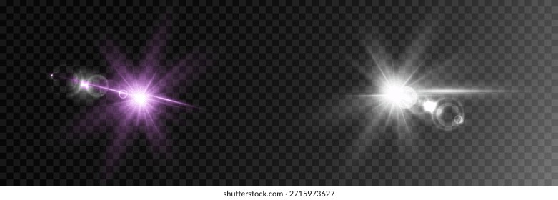 Bright purple and white light effect with rays and highlights. Star effect. Laser beams.