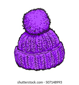 Bright purple winter knitted hat with pompon, sketch style vector illustrations isolated on white background. Hand drawn woolen hat with a big fluffy pompom, winter accessory