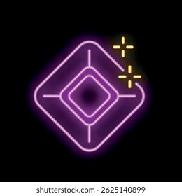 Bright purple and yellow neon icon of a shining jewelry diamond with sparkle and twinkle effect on a black background