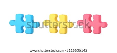 Bright puzzle pieces for logic game connecting brainstorming or solving problem 3d icon isometric vector illustration. Collection jigsaw details for attached to each other matching assembling shape