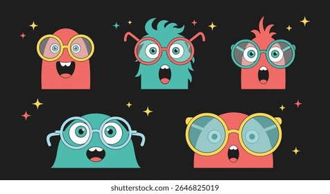 Bright and Quirky Animated Monsters Wearing Oversized Eyewear with Sparkles and Stars Against a Dark Background