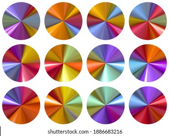 Bright radial metallic gradient ui button elements vector set. Polished soft medal shapes. Banner metal gradient texture backgrounds. Icon backgrounds graphic design.