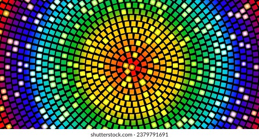 Mosaico de arcoiris radial brillante de azulejos cuadrados con elementos luminosos. Fondo abstracto de disco vector