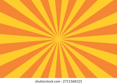 Heller, radialer Sonnenburst-Hintergrund mit warmen, orangefarbenen und gelben Strahlen, die nach außen wirbeln. Retro abstrakte Burst-Muster geeignet für Poster, Banner und lebendige Grafik-Design.