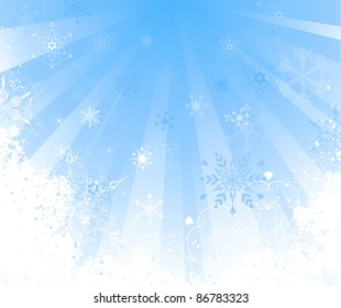 bright, radiant, blue background with a white patterned snowflakes.