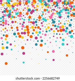 Bright Rain Decoration Vector Transparent Background. Festival Polka Invitation. Happy Dust Banner. Multicolored Dot Effect Texture.