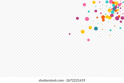 Heller Regen, oberer transparenter Hintergrund. FallingFestive Polka Card. Happy Dot Banner. Mehrfarbige, staubtransparente Postkarte.