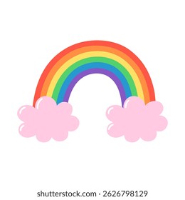 Arcos de arco-íris brilhantes com nuvens cor-de-rosa fofo. Ilustração de vetor desenhada à mão.