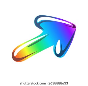 Bright rainbow arrow with gloss. Colorful gradient arrow in y2k style. Cute shiny pointer. Liquid organic shape. Isolated glass element on white background. Vector, cartoon.