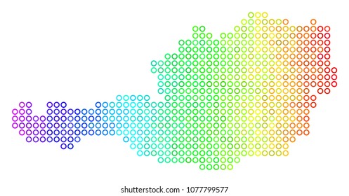 Bright Rainbow Austria Map. Vector geographic map in bright rainbow color tinges with horizontal gradient. Bright vector mosaic of Austria Map composed of regular round dots.