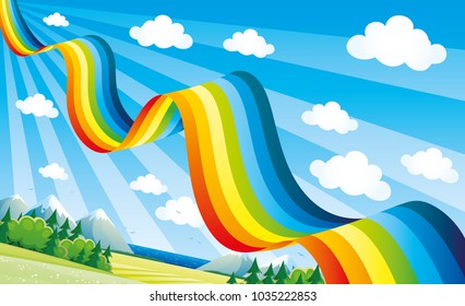 Bright rainbow in the blue sky over the summer landscape.