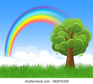 Bright rainbow with blue sky, tree and green grass. Vector illustration