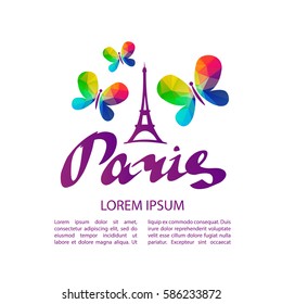 Bright rainbow butterflies and Eiffer Tower with text Paris isolated on white background. Romantic design element for flyers or greeting cards.