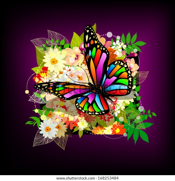 Download Bright Rainbow Butterfly On Flowers Vector Stock Vector Royalty Free 168253484