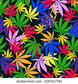 El arcoiris brillante El cannabis deja un patrón sobre el fondo negro. 