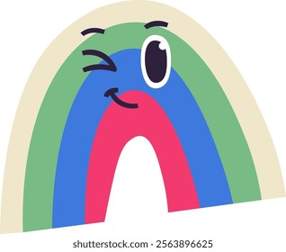 Bright rainbow character with a winking expression and playful design. Vector Illustration.