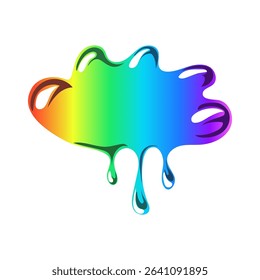 Bright rainbow cloud dripping with drops. Colorful gradient cloud in y2k style. Cute shiny element. Liquid organic shape with gloss. Isolated glass element on white background. Vector, cartoon.
