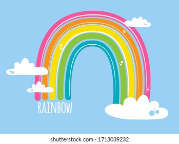 
Bright rainbow with clouds on blue background, Vector