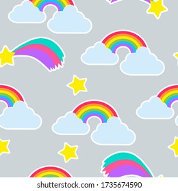 Bright rainbow, clouds, stars seamless pattern. Colorful rainbow, clouds and stars. Cute childish background perfect for fabric textile and nursery wallpaper. Kawaii kids seamless pattern.
