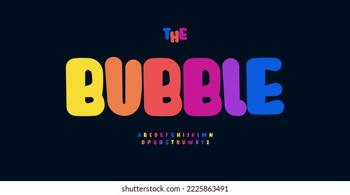 Bright rainbow color font, bold bubbles letters, cartoon colorful alphabet for toys logo, festive headline, childhood art, creative ABC kid birthday. Round fun comic typographic design