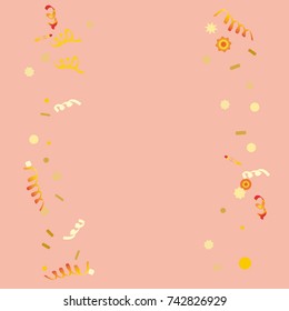 A bright rainbow colored confetti background. Colorful pattern. Square border frame with sparse spots. Isolated confetti for party in cool colors. Vector illustration 