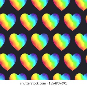 Bright rainbow colors gradient heart shapes seamless pattern on black background. Vibrant vector watercolor hearts texture for Valentines day, lgbt concept design, wallpaper, textile, surface