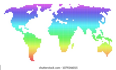 Bright Rainbow Dotted World Map. Vector geographic map in bright spectrum colors with vertical gradient. Multicolored vector pattern of World Map organized of rounded rectangle dots.