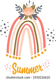 Bright rainbow with flowers and text Summer. Vector isolated illustration for postcard