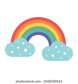 Bright rainbow with fluffy clouds, cheerful weather illustration, perfect for children�s books, weather apps, or greeting cards