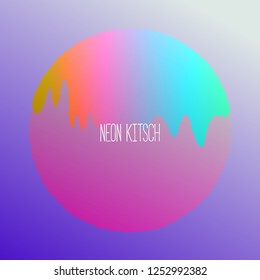 Bright rainbow fluid flows down the purple neon ball. Original abstract background. Dynamic liquid neon shape vector template. Stylish Mesh Wallpapers. Iridescent gradient fluid on violet ball