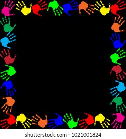 Bright rainbow frame with empty copy space for text or image and multicolored handprints border isolated on black background. Vector festive template, photo frame, mockup for invitation design.