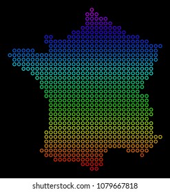 Bright Rainbow France Map. Vector geographic map in bright spectral colors with vertical gradient on a black background. Multicolored vector collage of France Map organized of circle dots.