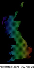 Bright Rainbow Great Britain Map. Vector geographic map in bright rainbow colors with horizontal gradient on a black background.