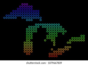 Bright Rainbow Great Lakes Map. Vector geographic map in bright spectrum colors with vertical gradient on a black background. Multicolored vector collage of Great Lakes Map done of circle dots.