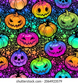 bright rainbow halloween pattern with pumpkins on stars background