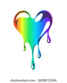 Bright rainbow heart dripping with drops. Colorful gradient heart in y2k style. Cute shiny element. Liquid organic shape with gloss. Isolated glass element on white background. Vector, cartoon.