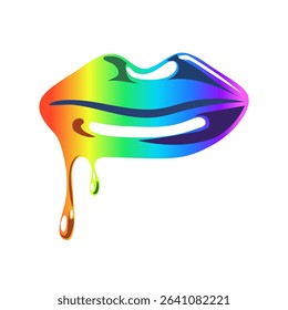 Bright rainbow lips dripping with drops. Colorful gradient lips in y2k style. Cute shiny element. Liquid organic shape with gloss. Isolated glass element on white background. Vector, cartoon.