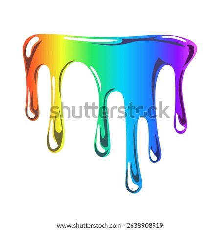 Bright rainbow liquid dripping spot with gloss. Colorful gradient liquid with drops in y2k style. Cute shiny element. Liquid organic shape. Isolated glass element on white background. Vector, cartoon.