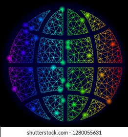 Bright rainbow mesh vector globe with glare effect. Abstract lines, triangles, glare spots forms globe on a dark background. Mesh and glare elements are placed on different layers.