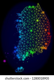 Bright rainbow mesh vector map of South Korea with glow effect. Abstract lines, triangles, light spots forms map of South Korea on a dark background.