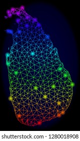 Bright rainbow mesh vector map of Sri Lanka with glare effect. Abstract lines, triangles, glare spots forms map of Sri Lanka on a dark background.