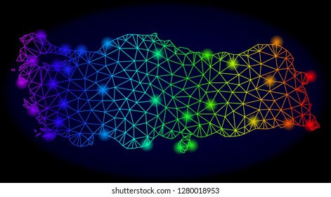 Bright rainbow mesh vector map of Turkey with glowing effect. Abstract lines, triangles, light spots forms map of Turkey on a dark background. Mesh and glowing elements are placed on different layers.