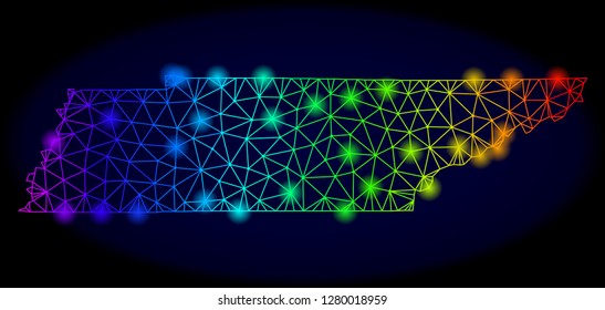 Bright rainbow mesh vector map of Tennessee State with glare effect. Abstract lines, triangles, flash spots forms map of Tennessee State on a dark background.