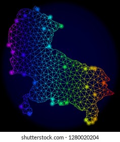 Bright rainbow mesh vector map of Uttar Pradesh State with glowing effect. Abstract lines, triangles, light spots forms map of Uttar Pradesh State on a dark background.