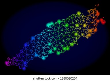 Bright rainbow mesh vector map of Tobago Island with glowing effect. Abstract lines, triangles, light spots forms map of Tobago Island on a dark background.