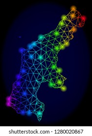 Bright rainbow mesh vector map of Saipan Island with glow effect. Abstract lines, triangles, glare spots forms map of Saipan Island on a dark background.
