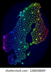 Bright rainbow mesh vector map of Scandinavia with glow effect. Abstract lines, triangles, light spots forms map of Scandinavia on a dark background.